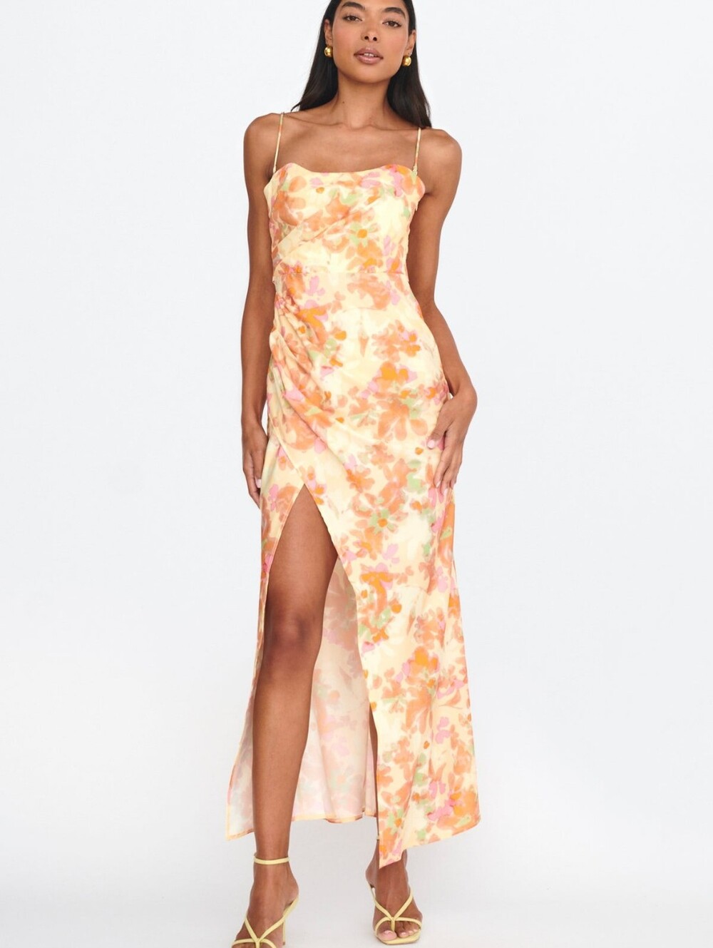 Strapless Floral Slip Midi Dress in Peach Pink
